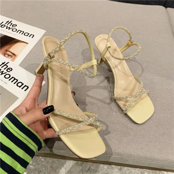 Mode Weiß Strassenmode Knöchelriemen Sandalen Damen 2021 Strass 6 cm Stilettos Peeptoes Sandaletten Hochhackige