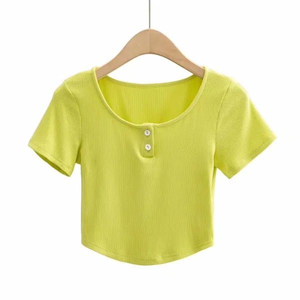 Sexy Blushing Pink Summer Street Wear Tight Buttons T-Shirts 2021 Scoop Neck Short Sleeve Women's Tops