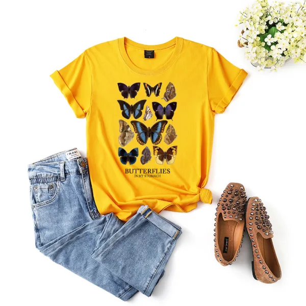 Fashion Street Wear Khaki Summer Loose Butterfly Printing Cotton T-Shirts 2021 Scoop Neck Short Sleeve Women's Tops T-shirt