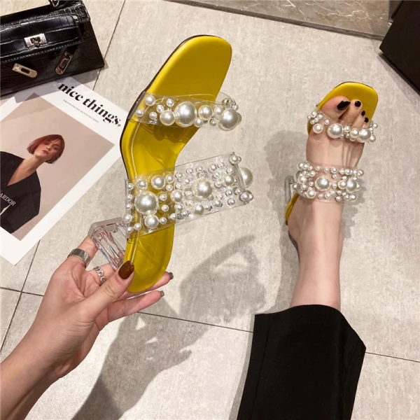 Chic / Beautiful Yellow Street Wear Pearl Womens Sandals 2021 7 cm Crystal Thick Heels Open / Peep Toe Sandals High Heels