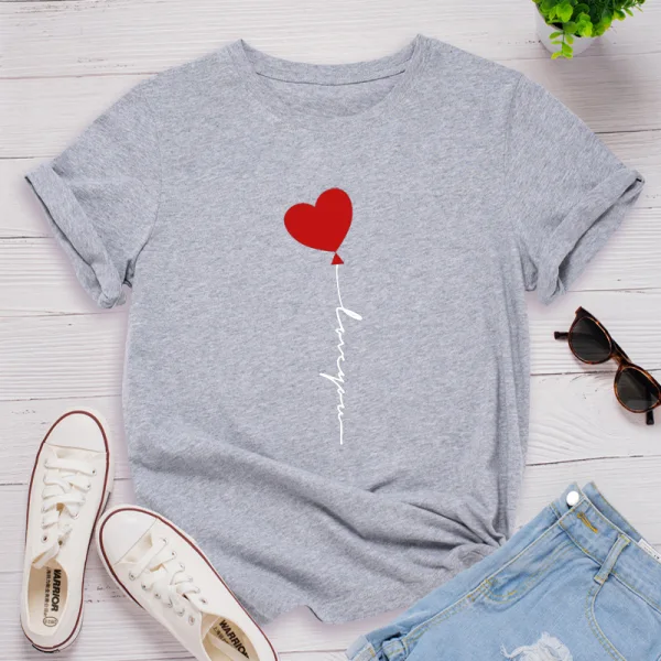 Schön Sommer Schwarz Freizeit Herzförmig Ballon Drucken T-Shirts 2021 Baumwolle Rundhalsausschnitt Kurze Ärmel Lose Damen Oberteile