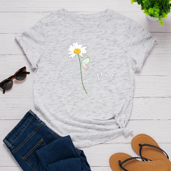 Casual Summer Black Daisy Tops Printing T-Shirts 2021 Cotton Loose Scoop Neck Short Sleeve Women's Tops T-shirt
