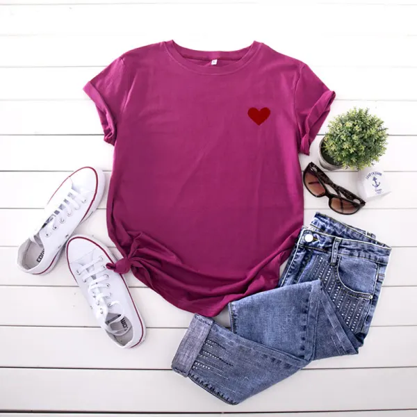 Summer Casual White Heart-shaped Printing Loose T-Shirts 2021 Cotton Scoop Neck Short Sleeve Women's Tops T-shirt