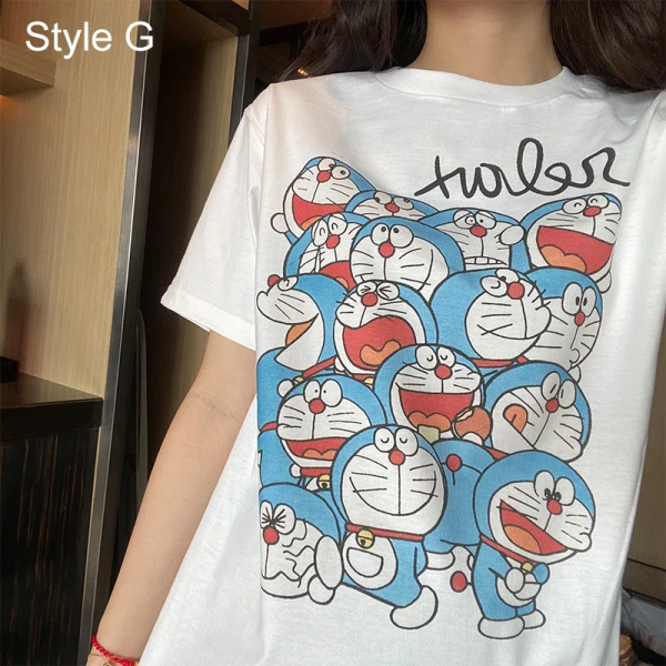 Summer Casual White Cartoon Printing T-Shirts 2021 Cotton Scoop Neck Short Sleeve Women's Tops