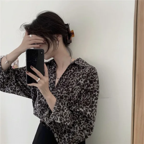 Mote Kaffe Løs Gateklær Leopard Bluser 2021 Chiffon V-Hals Langermede Kvinners Topper Bluser