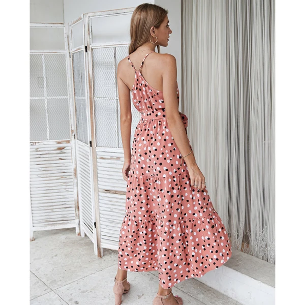 Bohemia Summer Beach Street Wear Black White Spotted 2021 A-Line / Princess Halter Sash Bow Sleeveless Tea-length Maxi Dresses Women Maxi Dresses Dresses