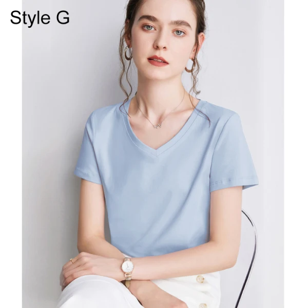 Modest / Simple Summer Casual OL White Regular T-Shirts 2021 Cotton V-Neck Short Sleeve Women's Tops T-shirt