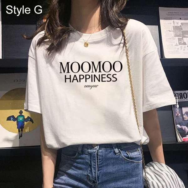 Désinvolte Vêtement de rue Blanche Dessin animé Impression Ample T-Shirts 2021 Coton Encolure Dégagée Manches Courtes Hauts pour Femmes T-shirt