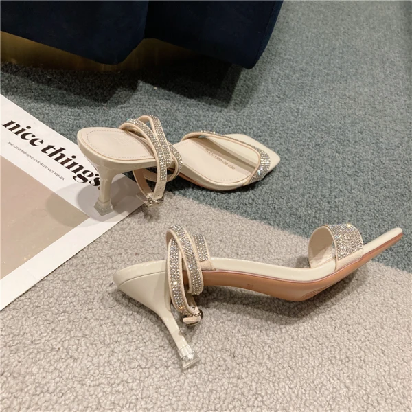Sexy Beige Evening Party Rhinestone Womens Sandals 2021 6 cm Stiletto Heels Open / Peep Toe Sandals High Heels