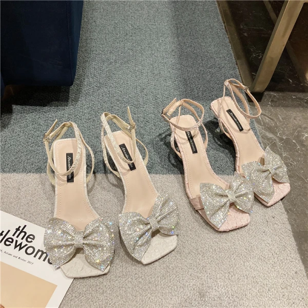 Charmant Rosa Abend Sandalen Damen 2021 Knöchelriemen Strass Schleife 5 cm Stilettos Peeptoes Sandaletten Hochhackige