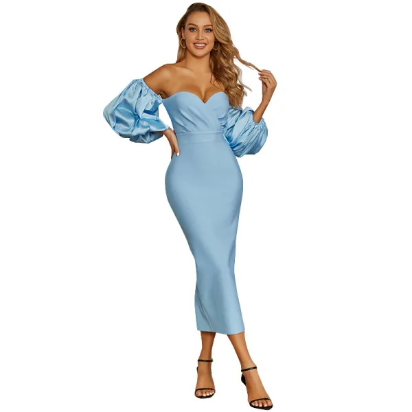Sexy Sky Blue Tight  Party Dresses 2021 Off-The-Shoulder Puffy 1/2 Sleeves Backless Cocktail Party Evening Party Women Dresses