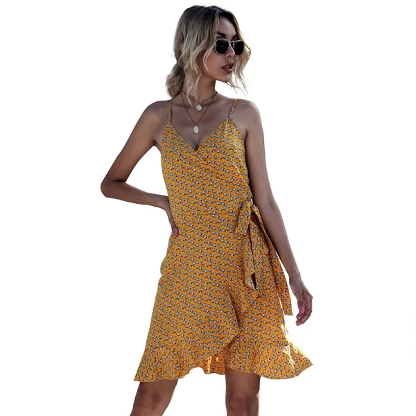 Fashion Summer Street Wear Beach Loose Yellow Floral Cami Dresses 2021 Sleeveless