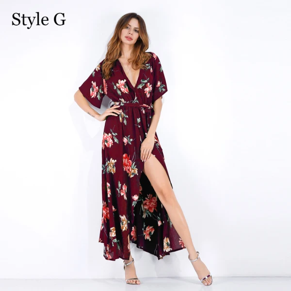 Summer Black Street Wear Beach Floral Maxi Dresses 2021 V-Neck Short Sleeve Women Dresses