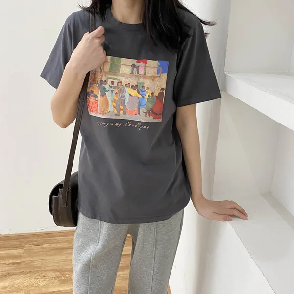 Casual Summer Cartoon Printing Grey Loose T-Shirts 2021 Cotton Scoop Neck Short Sleeve Women's Tops