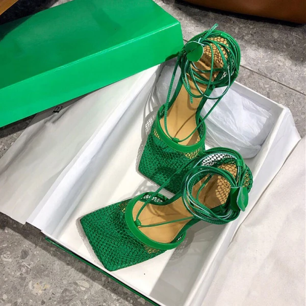Fashion Summer Green Street Wear Womens Sandals 2021 Pierced Ankle Strap Square Toe 8 cm Stiletto Heels Sandals High Heels