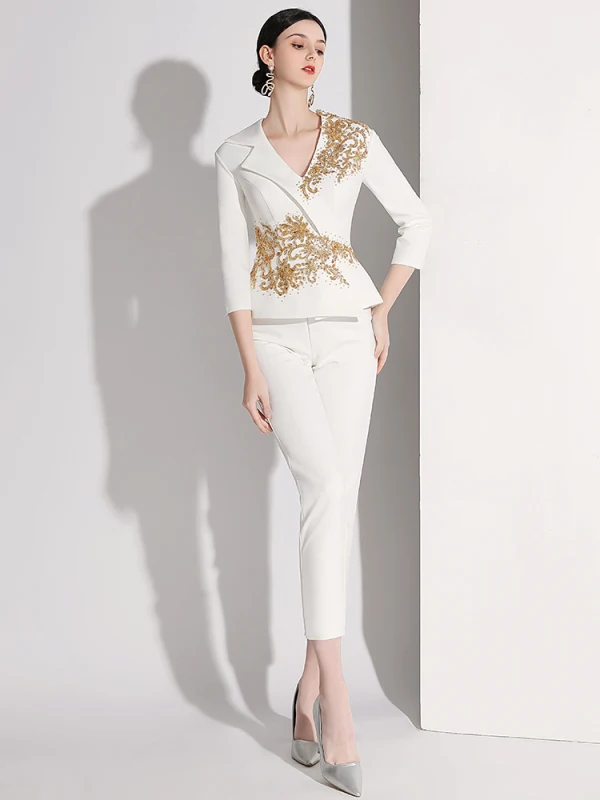 Mode Ivory / Creme Pailletten Abend Overall 2021 V-Ausschnitt 3/4 Ärmel Rückenfreies Lange Abendkleider
