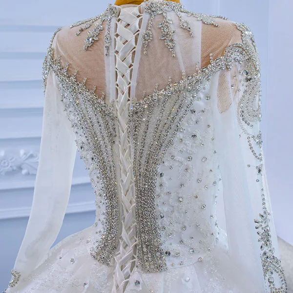 Luxury / Gorgeous High-end Ivory Glitter Beading Crystal Rhinestone Wedding Dresses 2021 Ball Gown High Neck Appliques Sequins 3/4 Sleeve Royal Train