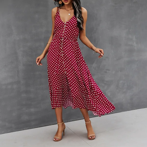 Fashion Summer Street Wear Resort Wear Beach Blushing Pink Spotted Women Dresses 2021 V-Neck Sleeveless Covered Button Sash Loose Tea-length