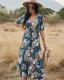 Bohême Noire Été Vêtements de vacances Vêtement de rue Plage Ample Floral Robes longues 2021 V-Cou Manches Courtes Femme