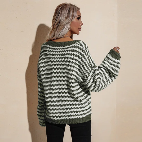 Mode Vert Tricot Rayé Vêtement de rue Ample Chandails 2021 Coton V-Cou Manches Longues Hauts