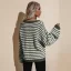 Mode Vert Tricot Rayé Vêtement de rue Ample Chandails 2021 Coton V-Cou Manches Longues Hauts