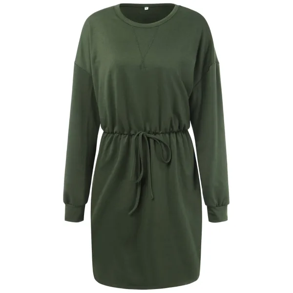 Fall Winter Grey Street Wear Women Dresses 2021 Scoop Neck Bow Sash Regular Long Sleeve