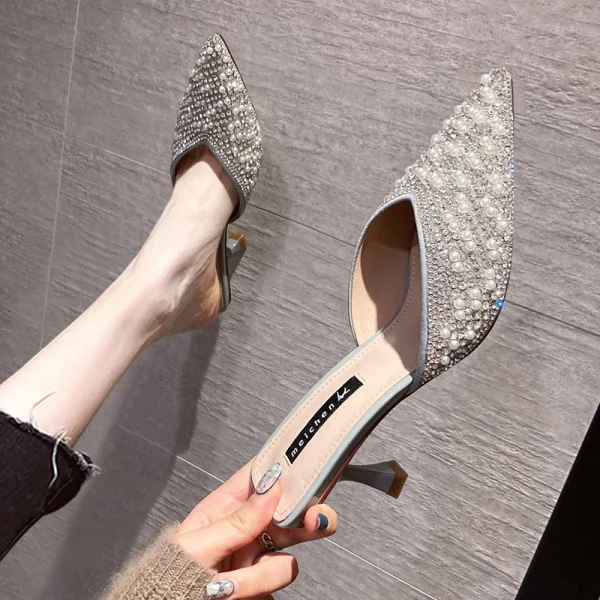 Chic / Beautiful Black Casual Pearl Rhinestone Womens Sandals 2021 6 cm Stiletto Heels Pointed Toe Sandals High Heels