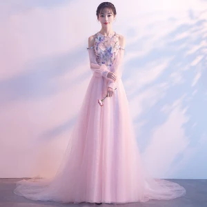 Elegant Perle Rosa Selskapskjoler 2018 Prinsesse Scoop Halsen Strapless Langermede Appliques Blonder Beading Rhinestone Chapel Train Buste Ryggløse Formelle Kjoler