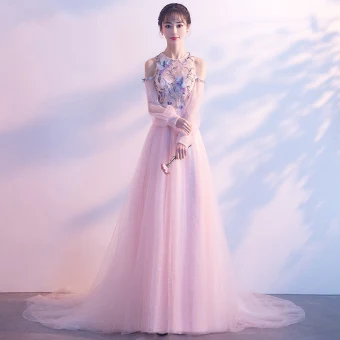 Elegante Parel Roze Avondjurken 2018 A Lijn Ronde Hals Strapless Lange Mouwen Appliques Kant Kralen Rhinestone Chapel Train Ruche Ruglooze Gelegenheid Jurken