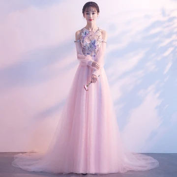Elegant Pearl Pink Evening Dresses 2018 A Line Princess Scoop Neck Strapless Long Sleeve Appliques Lace Beading Rhinestone Chapel Train Ruffle Backless Formal Dresses