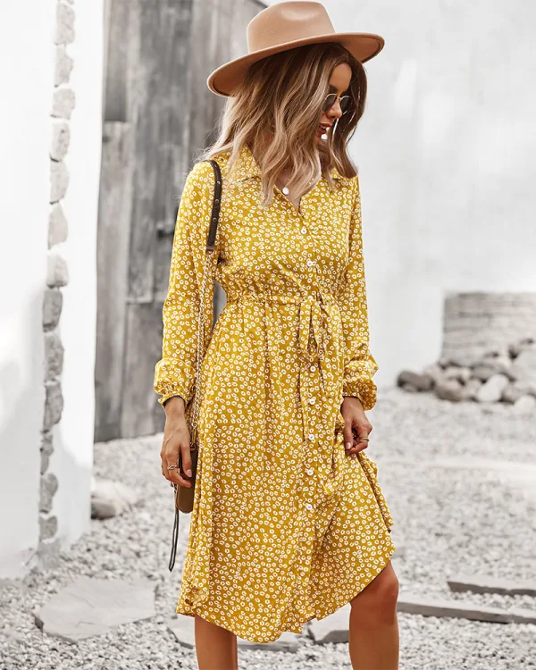 Bohemia Summer Printing Yellow Women Dresses 2021 A-Line / Princess Beach Street Wear Resort Wear V-Neck Sash Long Sleeve Knee-Length