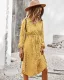Bohemia Summer Printing Yellow Women Dresses 2021 A-Line / Princess Beach Street Wear Resort Wear V-Neck Sash Long Sleeve Knee-Length