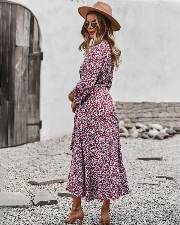 Bohemia Summer Beach Resort Wear Yellow Floral Maxi Dresses 2021 V-Neck Sash Bow Long Sleeve Tea-length