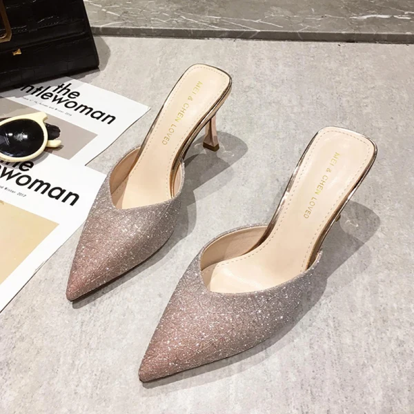 Charmant Champagne Vêtement de rue Paillettes Sandales Femme 2021 8 cm Talons Aiguilles À Bout Pointu Sandales Talons Hauts