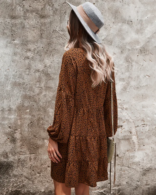Modest Summer Brown Street Wear Spotted Leopard Print Women Dresses Women's Tops 2021 V-Neck Loose Long Sleeve Knee-Length