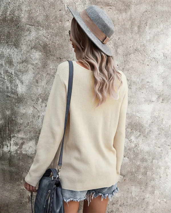 Sexy Fall Winter Beige Street Wear Sweaters 2021 Cotton V-Neck Regular Long Sleeve Women Tops