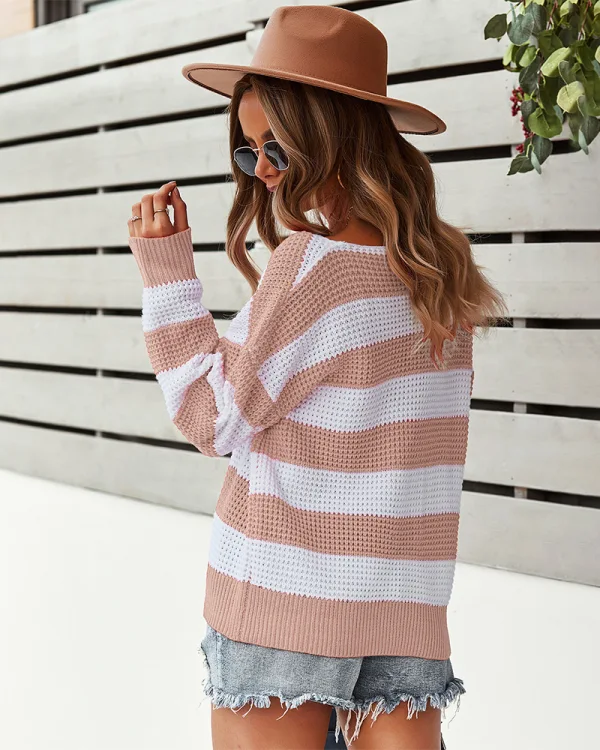Mode Tomber Hiver Vêtement de rue Orange Rayé Chandails 2021 Coton Encolure Dégagée Manches Longues Ample Femme Hauts