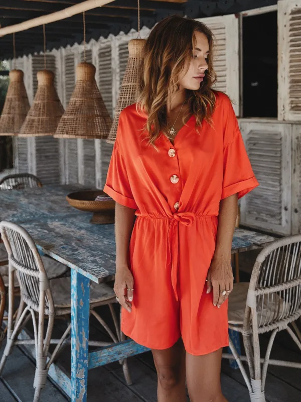Summer Spring Casual Yellow Shorts Jumpsuit 2021 V-Neck Buttons Sash 1/2 Sleeves Loose