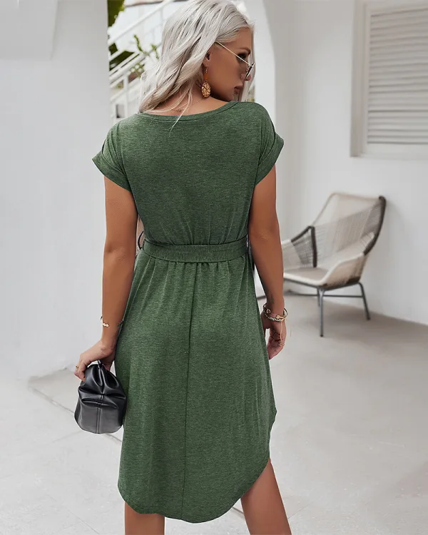 Casual Spring Summer Burgundy Women Dresses 2021 Scoop Neck Bow Short Sleeve Sash Loose
