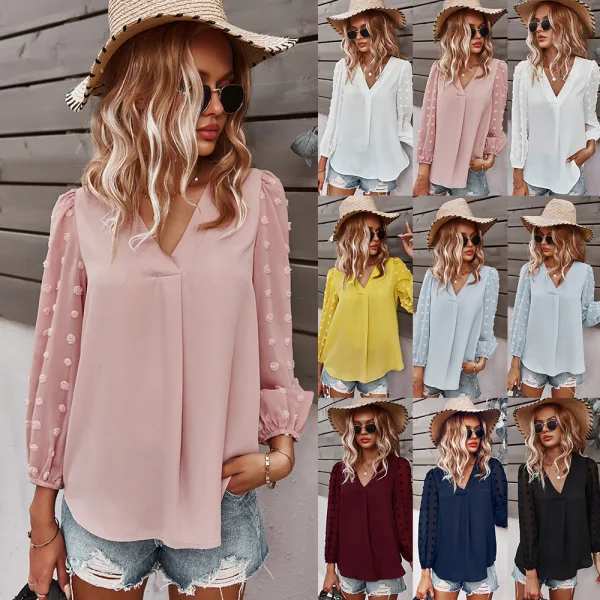 Fashion Spring Summer Blushing Pink Resort Wear Blouses 2021 V-Neck Long Sleeve Loose Women Tops