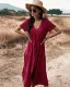 Casual Spring Summer Resort Wear Pool Blue Women Dresses 2021 V-Neck Short Sleeve Sash Tea-length Loose