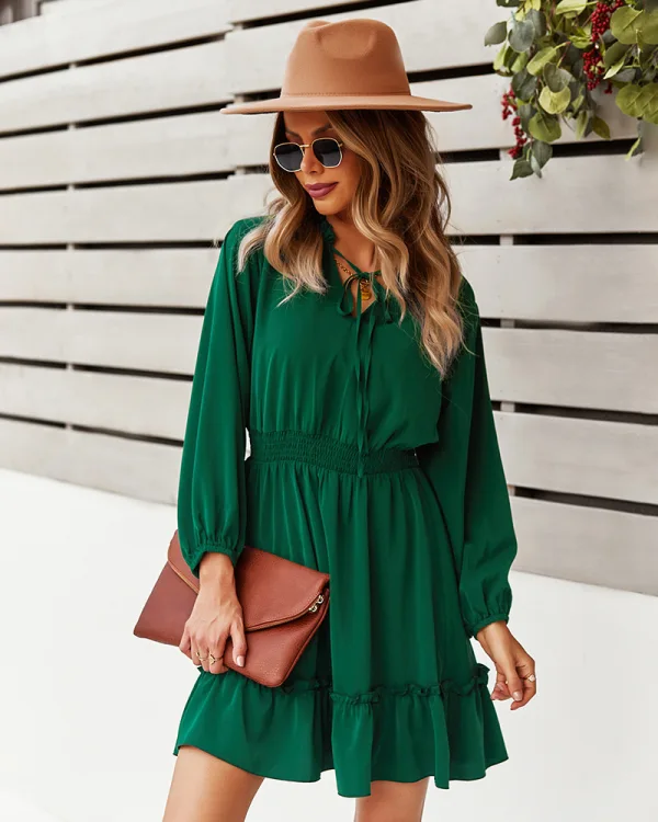 Chic / Beautiful Fall Winter Casual Dark Green Regular Women Dresses 2021 V-Neck Long Sleeve