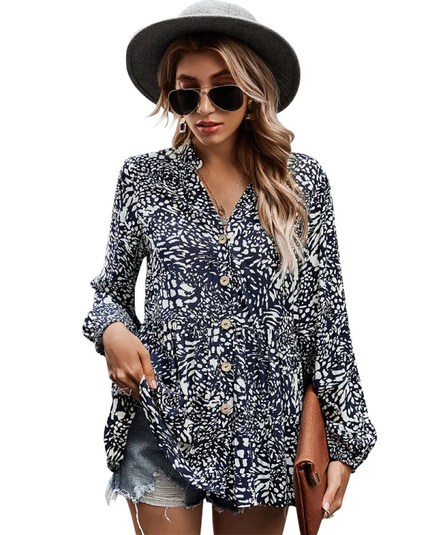 Mode Tomber Été Vêtements de vacances Blanche Floral Femme Hauts 2021 V-Cou Manches Longues Ample