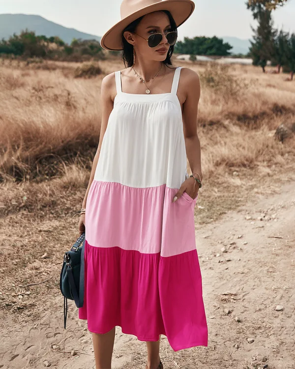 Chic / Beautiful Spring Summer Street Wear Ocean Blue Patchwork Women Dresses 2021 Spaghetti Straps Loose Sleeveless