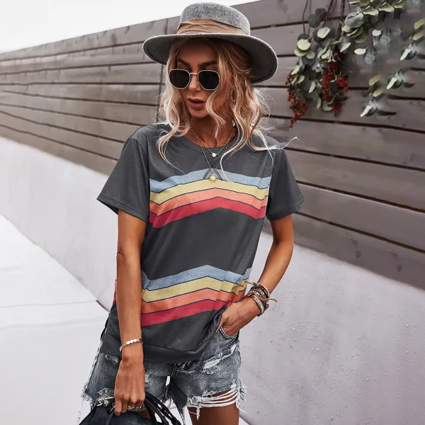 Fashion Spring Summer Candy Pink Street Wear Multi-Colors Striped T-Shirts 2021 Cotton Scoop Neck Loose Short Sleeve Women Tops