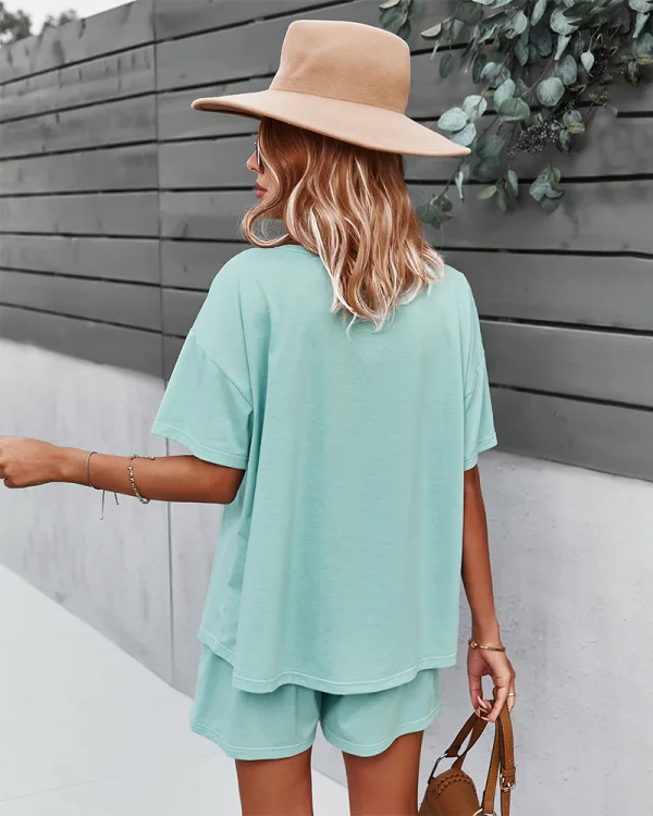 Casual Vår Sommar Limegrön Enfärgad Shorts T-Shirts 2021 V-Hals Knappar Korta ärm Lösa