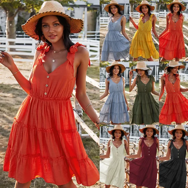 Sexy Orange Spring Summer Street Wear Ruffle Women Dresses 2021 V-Neck Sleeveless Buttons Bow Loose