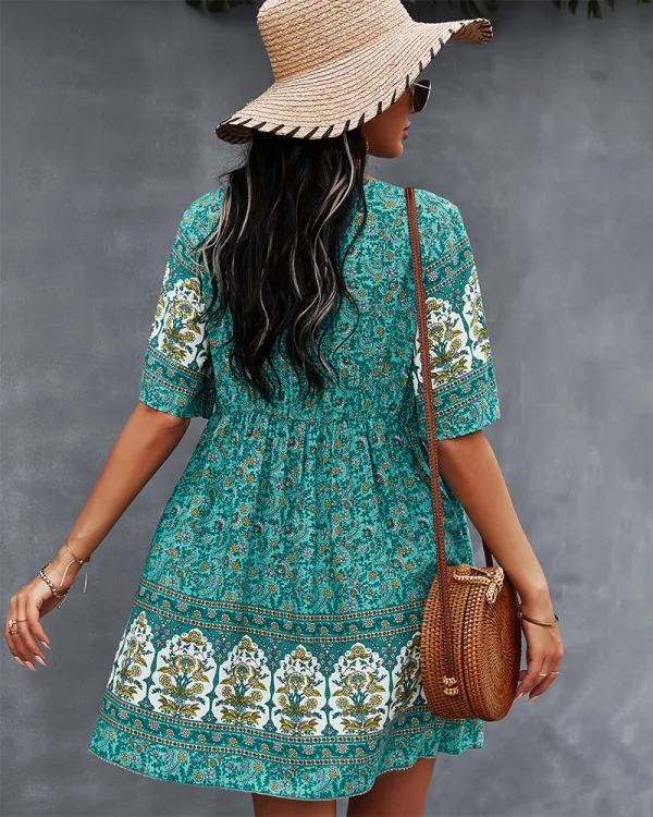 Bohemia Spring Summer Resort Wear Khaki Floral Women Dresses 2021 V-Neck Short Sleeve Loose
