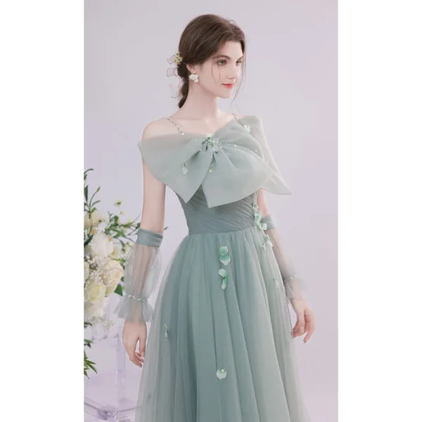 Illusion Sage Green Homecoming Prom Dresses Graduation Dresses 2021 A-Line / Princess Spaghetti Straps Sleeveless Bow Beading Appliques Backless Tea-length Formal Dresses
