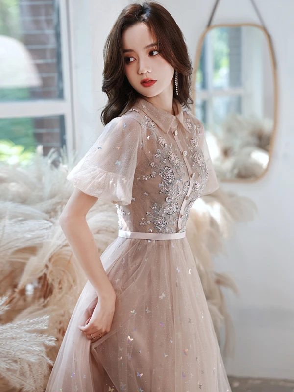 Charmant Rougissant Rose Robe De Soirée Robe De Bal 2021 Princesse Col Haut Papillon Appliques Paillettes En Dentelle Fleur Ceinture Manches Courtes Longue Robe De Ceremonie